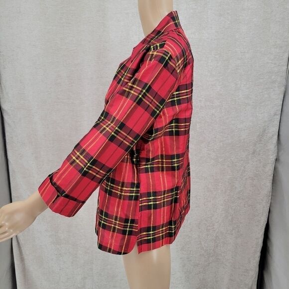 ROBBIE Bee Women's Vintage Silk Tartan Button Down Blouse Red Plaid Christmas - Picture 6 of 11